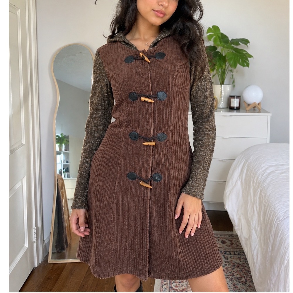 Vintage Y2K Corduroy Hooded Toggle Midi Dress Brown Mixed Media Knit